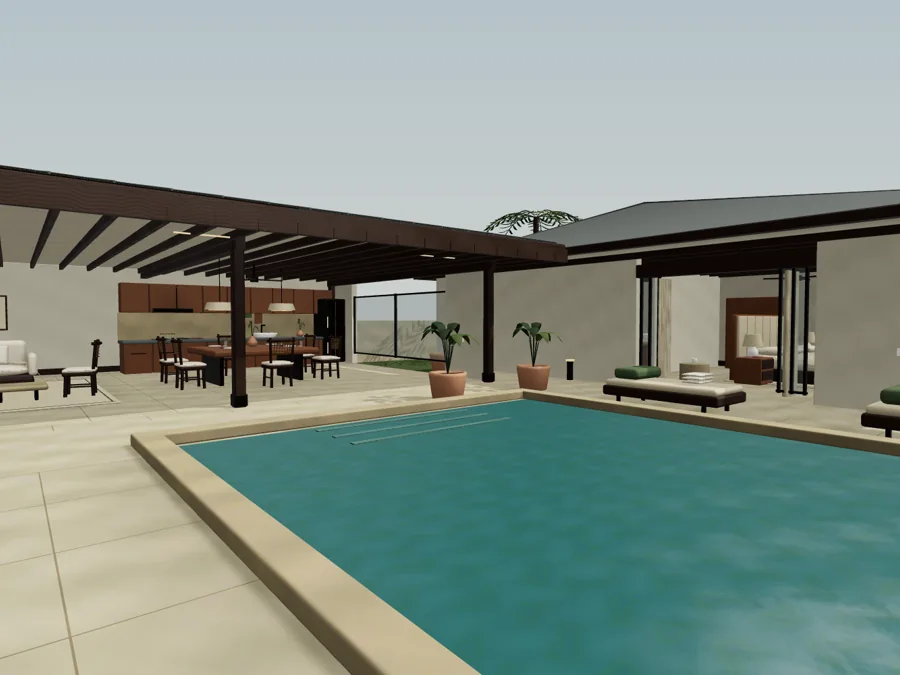 Tropical villa — Three pavilions, one shared courtyard.